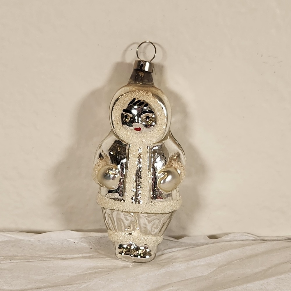 Vintage Mercury Glass Christmas Ornament West Germany Eskimo Snow Baby Silver